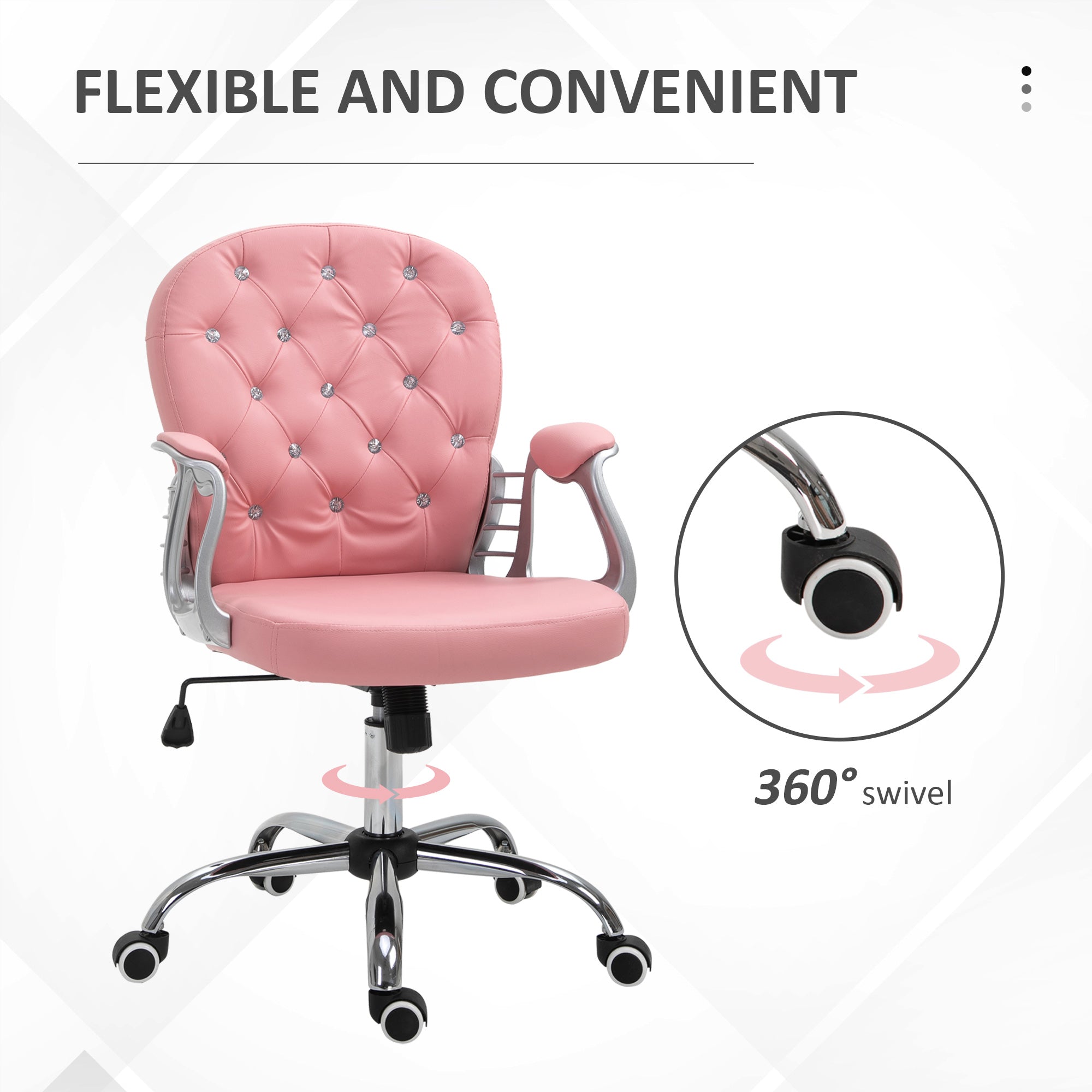 Vinsetto Office Chair Ergonomic 360\'c2\'b0 Swivel PU Diamante Padded Base 5 Castor Wheels for Home Work Pink