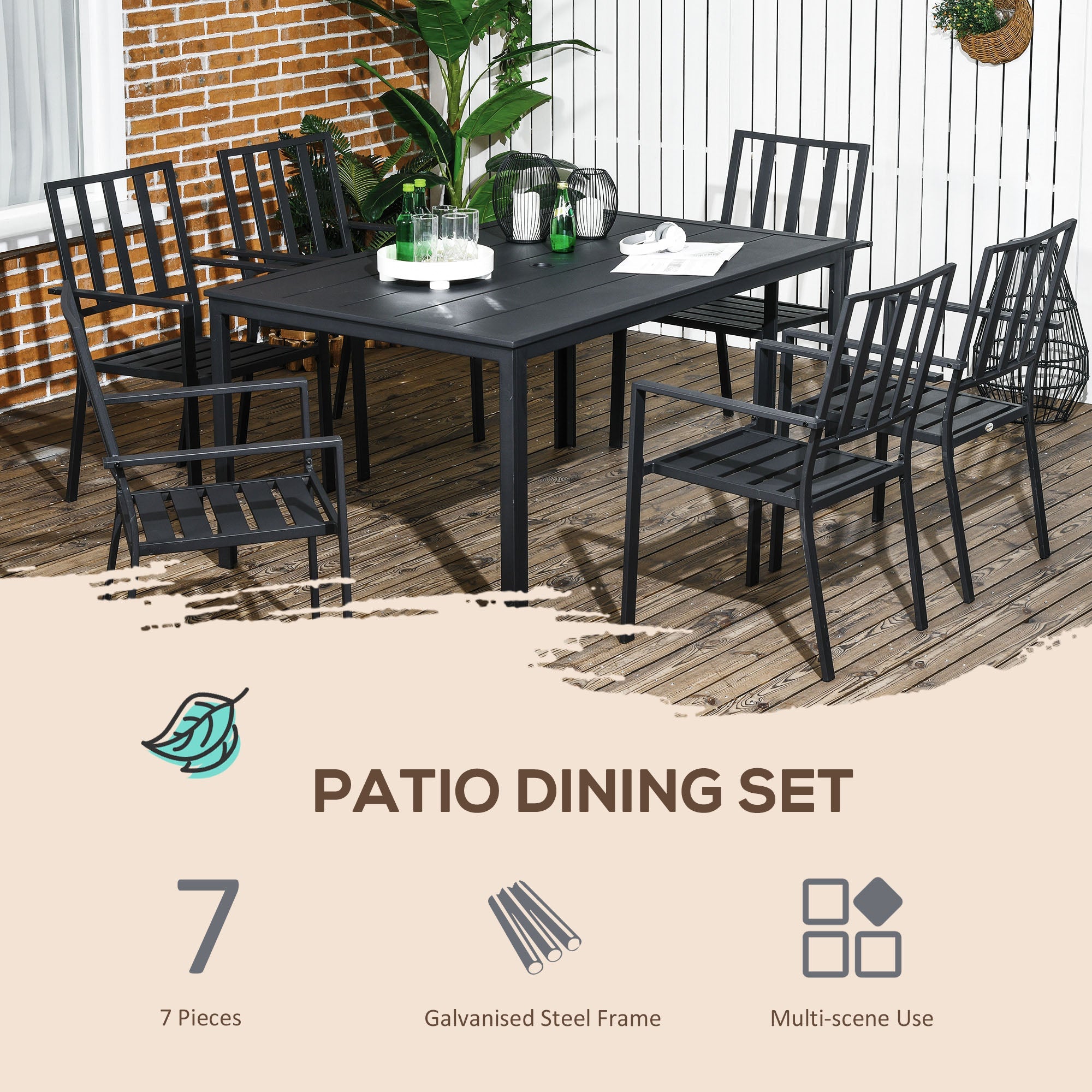 Outsunny Seven-Piece Minimal Metal Garden Dining Set, with Parasol Hole - Black