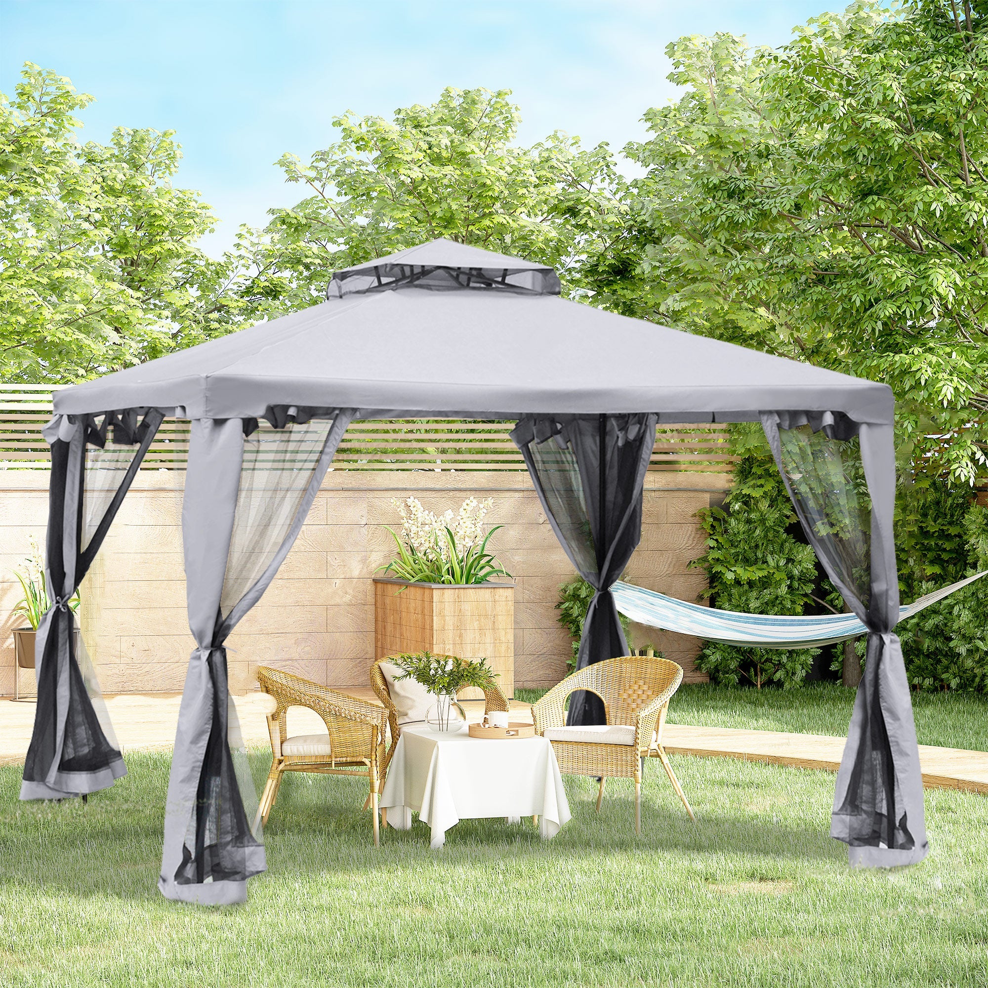 Outsunny 3 x 3 m Metal Gazebo, Garden Pavillion, Double Roof Outdoor Canopy Shelter with Mesh Sidewalls, Grey