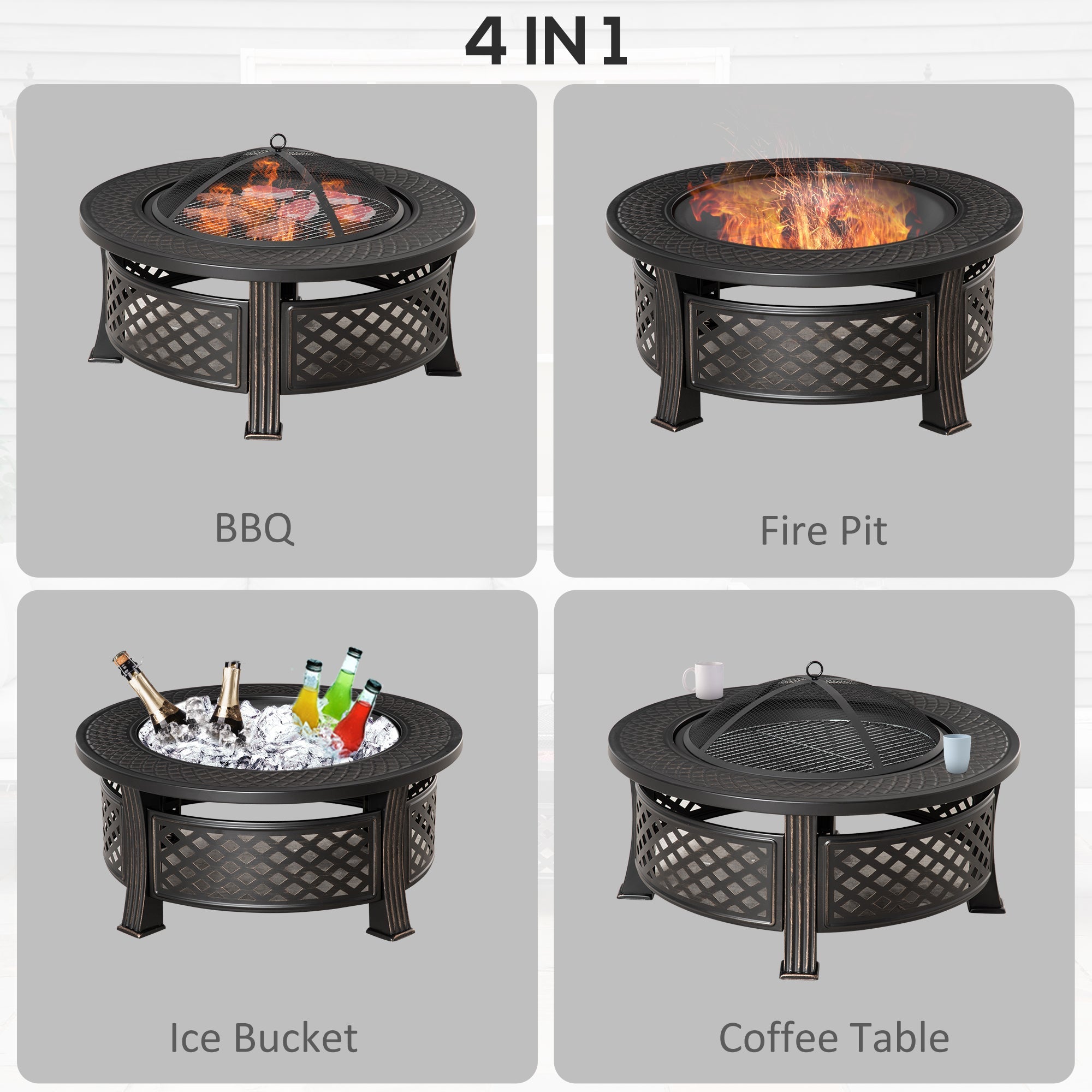 Outsunny Outdoor Fire Pit, Firepit with Grill Net, Mesh Lid, Poker, for Camping, Bonfire, Picnic, Bronze Tone