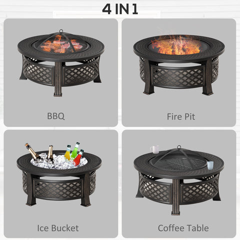 Outsunny Outdoor Fire Pit, Firepit with Grill Net, Mesh Lid, Poker, for Camping, Bonfire, Picnic, Bronze Tone