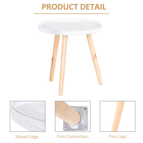 HOMCOM Coffee Table, Carved Floral Round Table with Tray-style Top and Wood Legs, Modern Side Table for Living Room, Set of 2, White