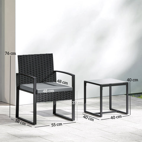 Outsunny Rattan Bistro Set, 3 Piece Garden Furniture Set with Glass Top Table and Cushions, Light Grey