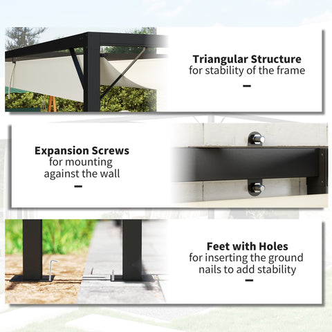 Outsunny 4 x 3(m) Outdoor Pergola Retractable Canopy Wall Mounted Gazebo Patio Shelter Sun Shade, Cream White