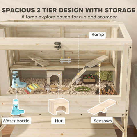 PawHut 2 Tier Wooden Hamster Cage with Shelf and Openable Top