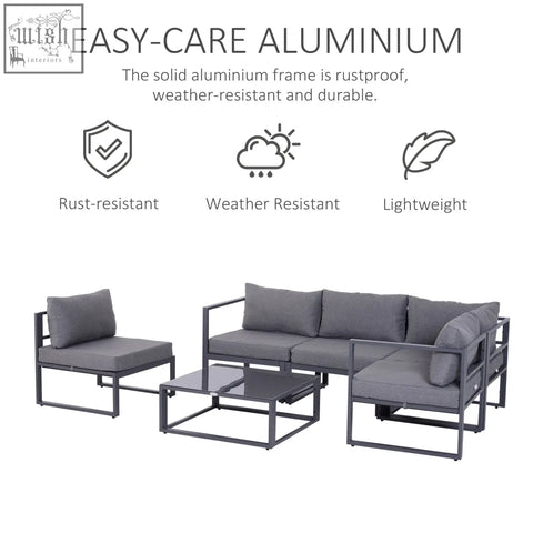 Gray cushioned 6pcs outdoor sectional sofa set with sturdy aluminum frame for comfy outdoor conversations