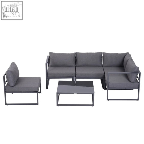 Modern gray 6pcs outdoor sectional sofa set with aluminum frame cushions and matching armchairs for outdoor lounging