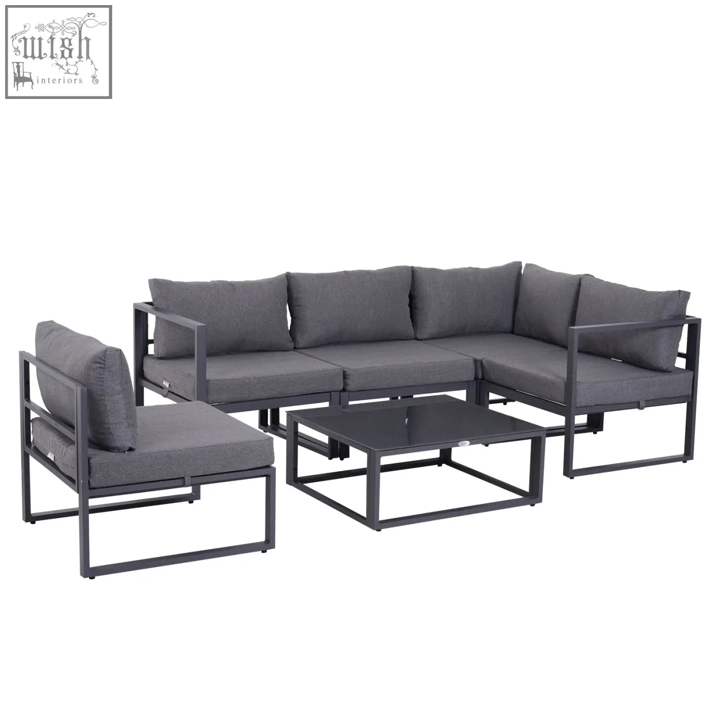Modern gray 6pcs outdoor sectional sofa set with aluminum frame and cushions plus matching armchair and coffee table