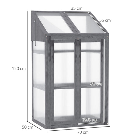 Outsunny Wooden Cold Frame Polycarbonate Greenhouse with Openable Top Cover and Double Door, Grow House for Flower, Vegetable and Plants, 70 x 50 x 120cm, Grey