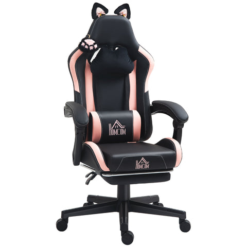 HOMCOM Cat Ear and Paw Reclining Office Chair, with Footrest - Black/Pink