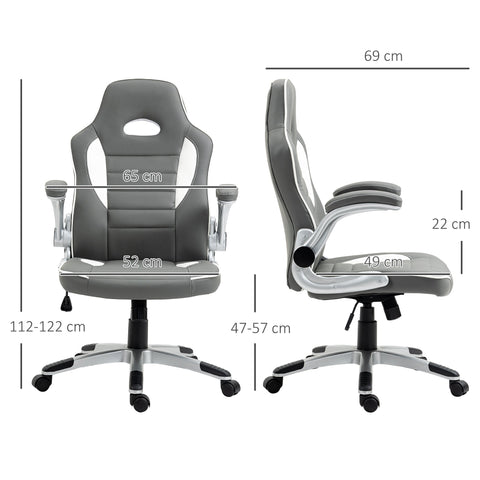 Vinsetto Computer Gaming Chair, Office Desk Swivel Chair, PU Leather Racing Chair with 90\'c2\'b0 Flip-up Armrest, Adjustable Height and Rolling Wheels, Grey