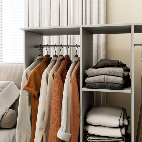 HOMCOM Open Wardrobe Double Mobile Storage Shelves Organizer W/6 Wheels-Grey