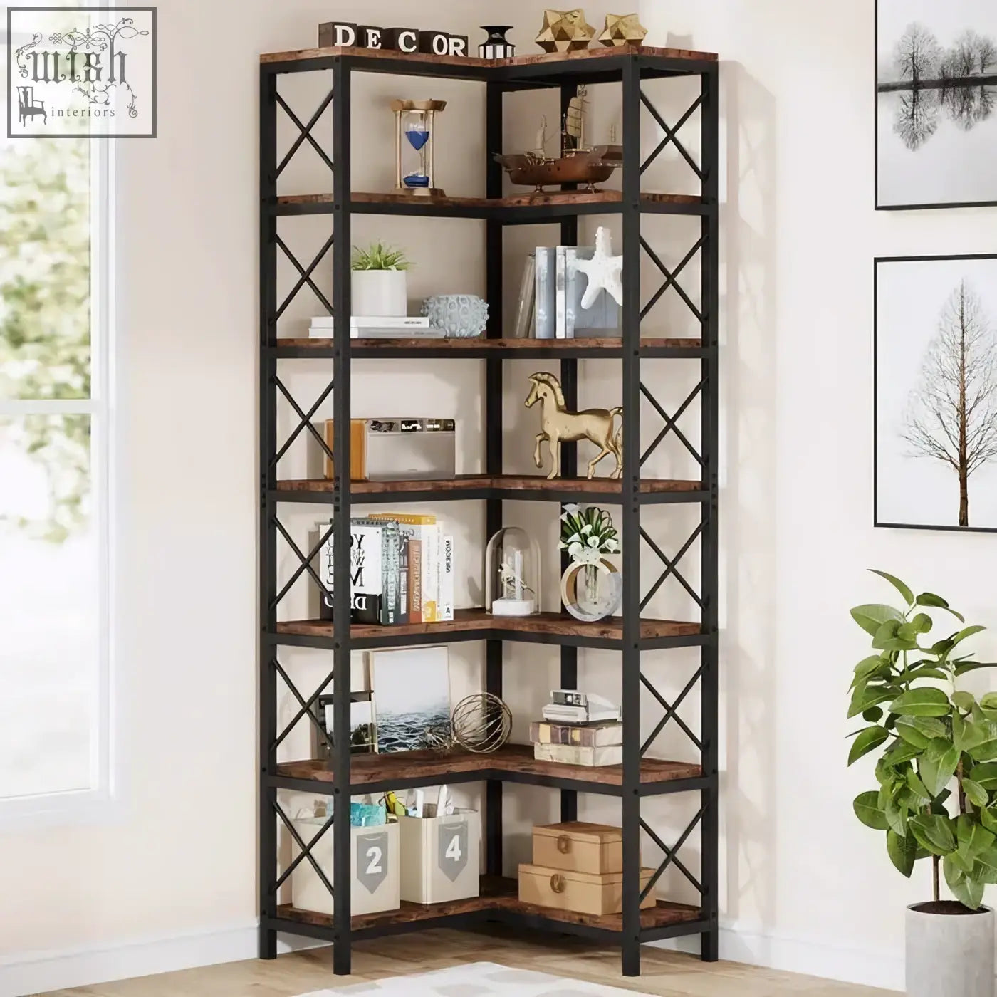 Industrial-style 7-tier bookshelf with matte black metal frame and rustic brown wooden shelves for corner storage