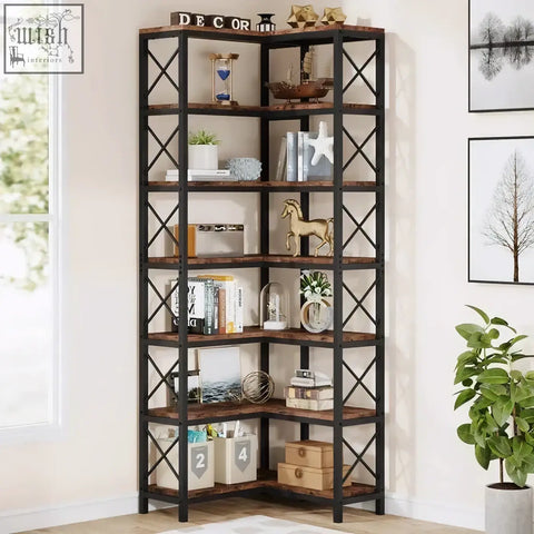 Industrial-style 7-tier bookshelf with matte black metal frame and rustic brown wooden shelves for corner storage