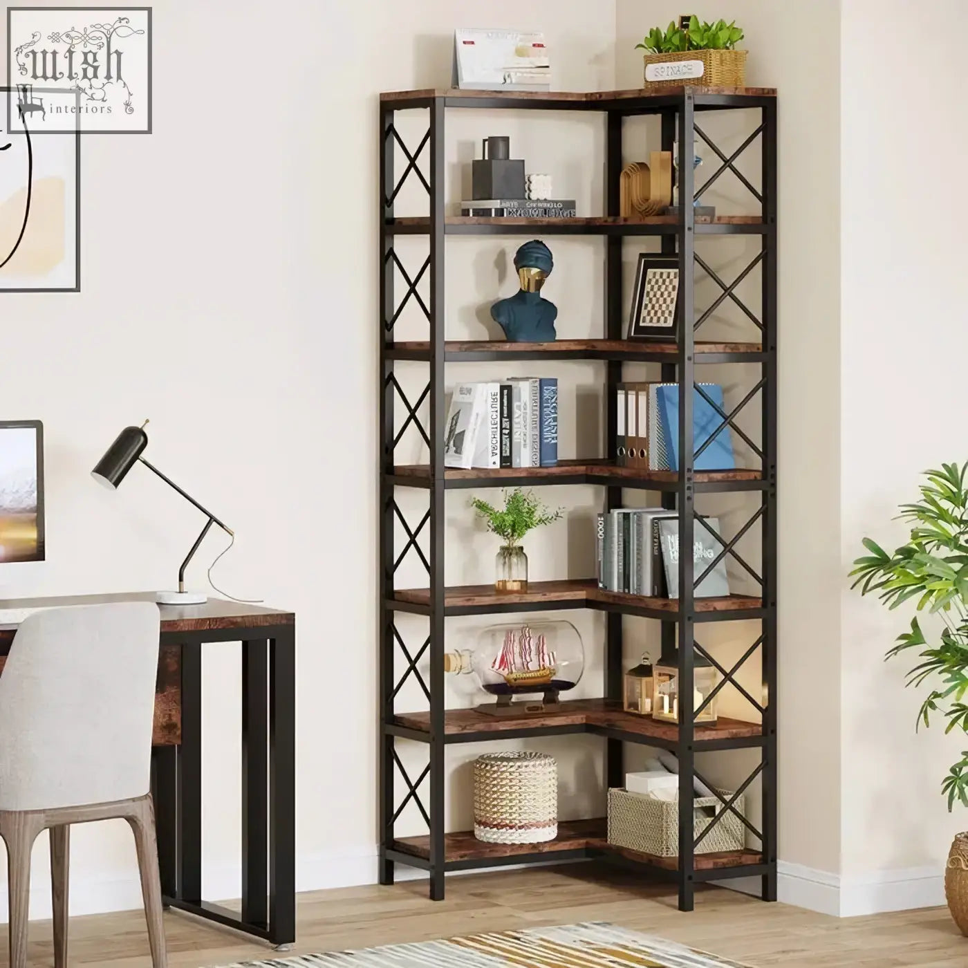 Industrial style 7-tier bookshelf with matte black metal frame and rustic wood shelves for corner storage