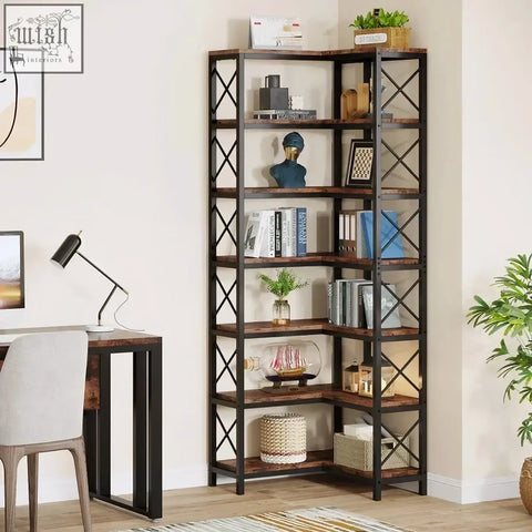 Industrial style 7-tier bookshelf with matte black metal frame and rustic wood shelves for corner storage