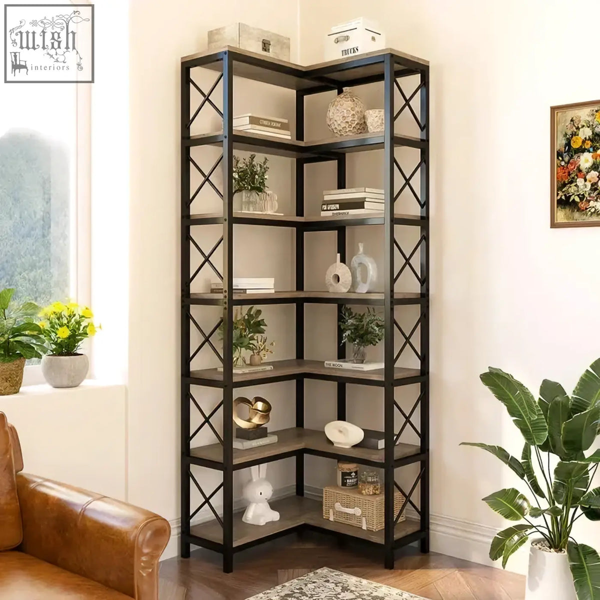 Industrial-style 7-tier corner bookshelf with matte black metal frame and dark wood shelves for stylish corner storage