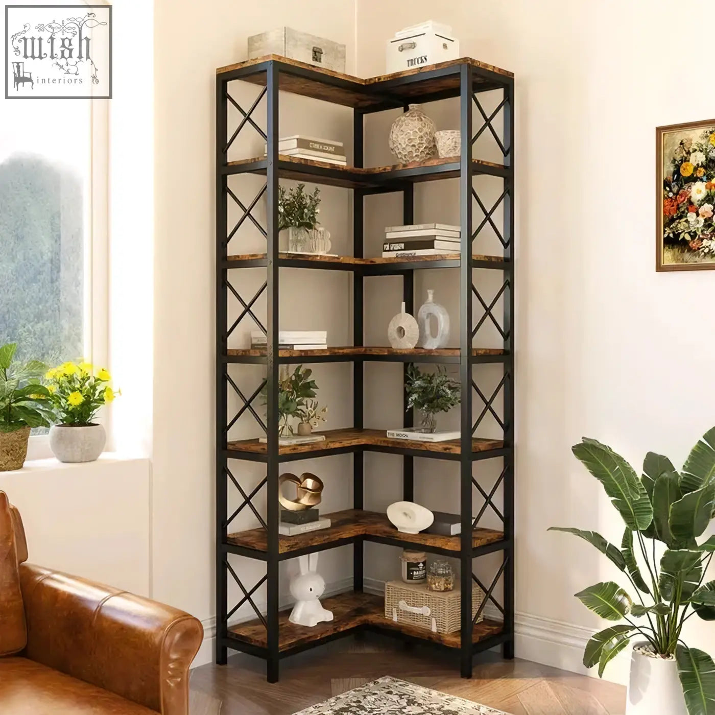 Industrial style 7-tier bookshelf with matte black metal frame and rustic brown wooden shelves for corner storage