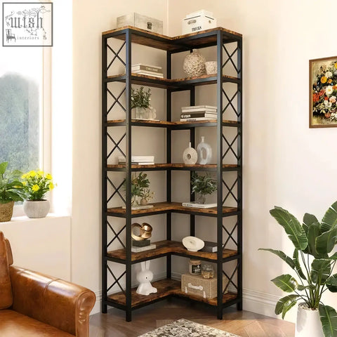 Industrial style 7-tier bookshelf with matte black metal frame and rustic brown wooden shelves for corner storage
