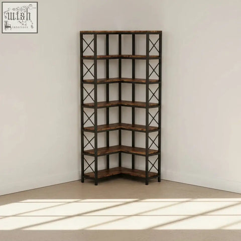 7-tier corner bookshelf with matte black metal frame and rustic brown wooden shelves featuring geometric x-patterns
