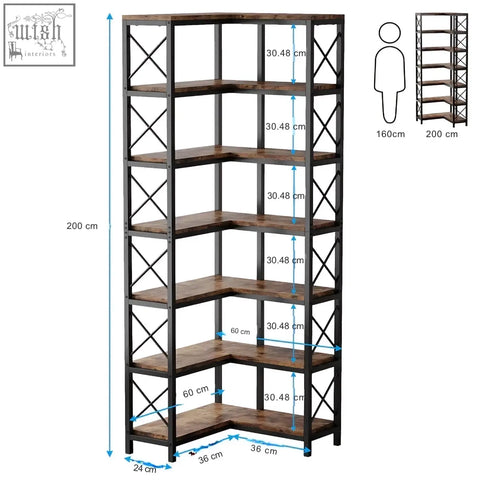 Industrial style 7-tier bookshelf with dark brown wood shelves and matte black metal corner storage frame with x braces