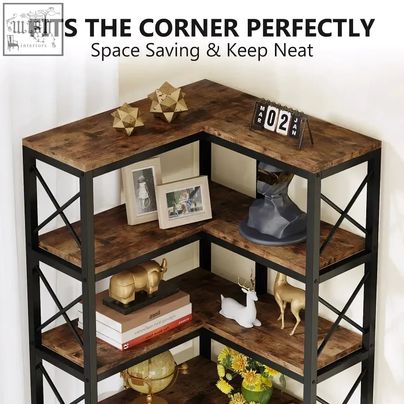Industrial style 7-tier bookshelf with dark brown wooden shelves and matte black metal frame corner storage rack