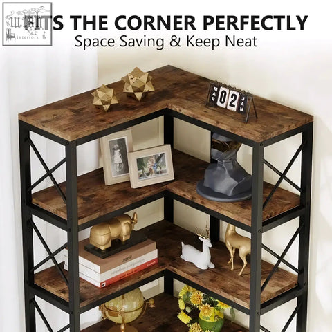 Industrial style 7-tier bookshelf with dark brown wooden shelves and matte black metal frame corner storage rack