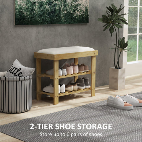 HOMCOM Bamboo Shoe Storage Bench, 3-Tier Shoe Bench with Seat Cushion, Shoe Rack for Entryway, Hallway, Living Room, Bedroom, Cream White