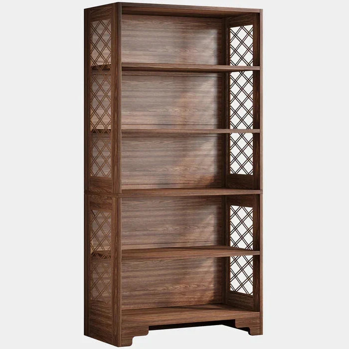 Classic 5-Tier Walnut Bookshelf - Traditional Library Display with Lattice Side Panels