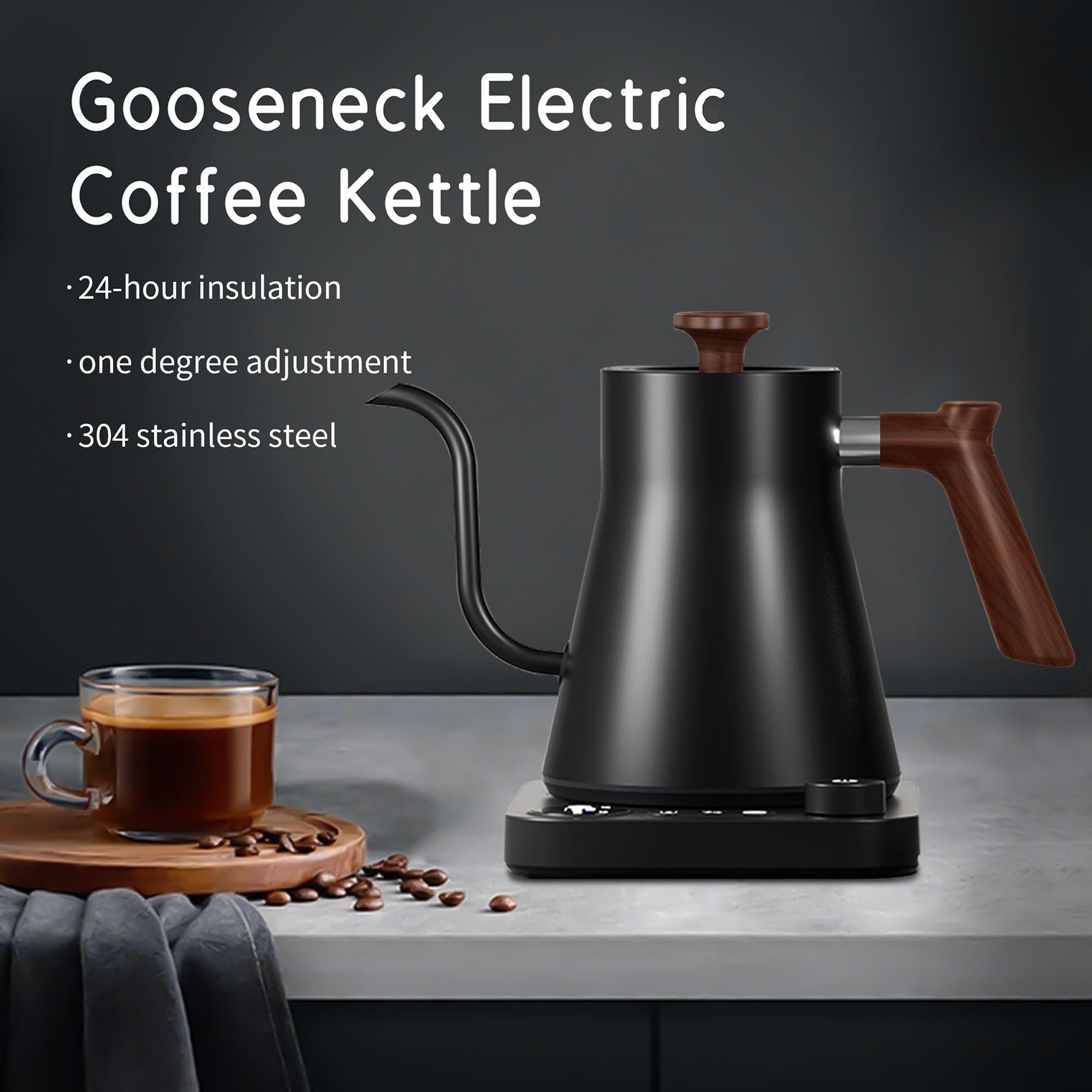 RHD Electric Gooseneck Kettle with LCD Display, Real-Time Temp Control Hot Water Boiler to Pour Over Coffee, Brew Tea, Switchable /, 1200 Watt Quick