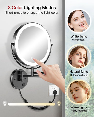 Gospire 9 Wall Mounted Lighted Makeup Vanity Mirror with 3 Color Lights & Stepless Dimming, 1X/10X Magnifying LED Double Sided Bathroom Touch Sensor