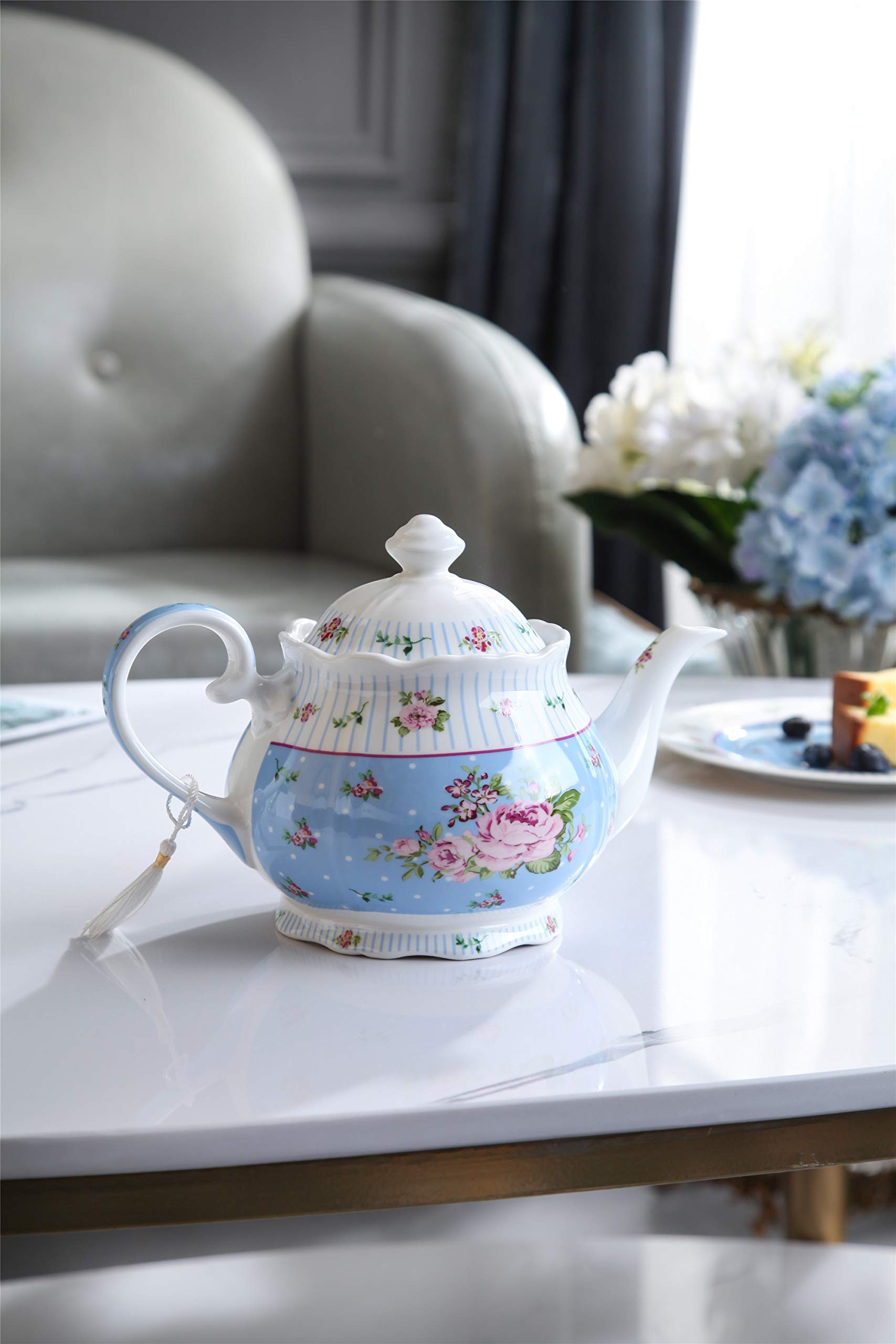 Porcelain Teapot Sets Teapot Sugar Bowl and Cream Milk Jug Shabby Chic Vintage Floral in Gift Box (Blue)