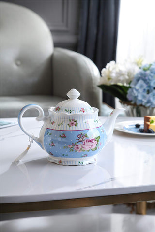 Porcelain Teapot Sets Teapot Sugar Bowl and Cream Milk Jug Shabby Chic Vintage Floral in Gift Box (Blue)