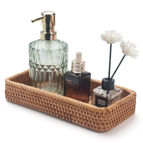 Rattan Bathroom Vanity Tray, Toilet Tank Tray, Toilet Basket Tank Topper, Bathroom Basket for Organizing and Decor (Natural, 26 x 12.5 x 4 cm)