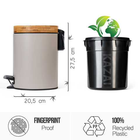 Kazai. 5L Designer Bathroom Bin | Superior Bamboo | Soft Closing | Anti-Finger | Taupe (Bright)