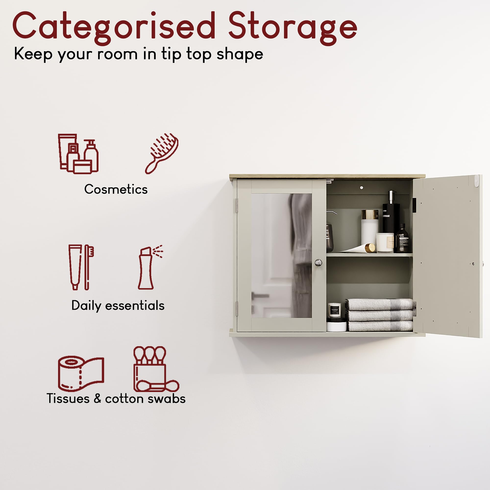 Bath Vida Priano Double Door Mirrored Bathroom Cabinet Storage Cupboard Wall Mounted, Grey & Oak