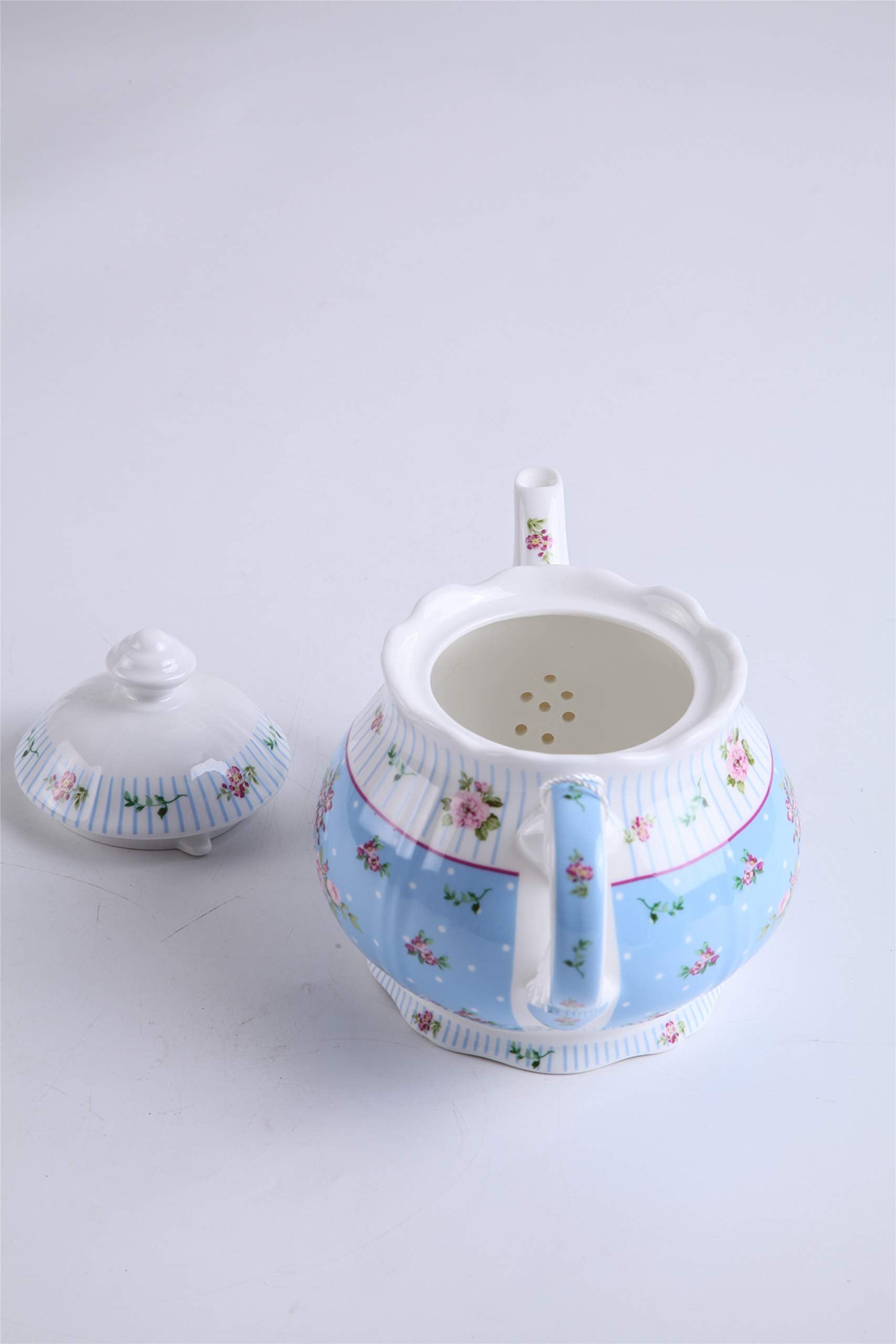 Porcelain Teapot Sets Teapot Sugar Bowl and Cream Milk Jug Shabby Chic Vintage Floral in Gift Box (Blue)
