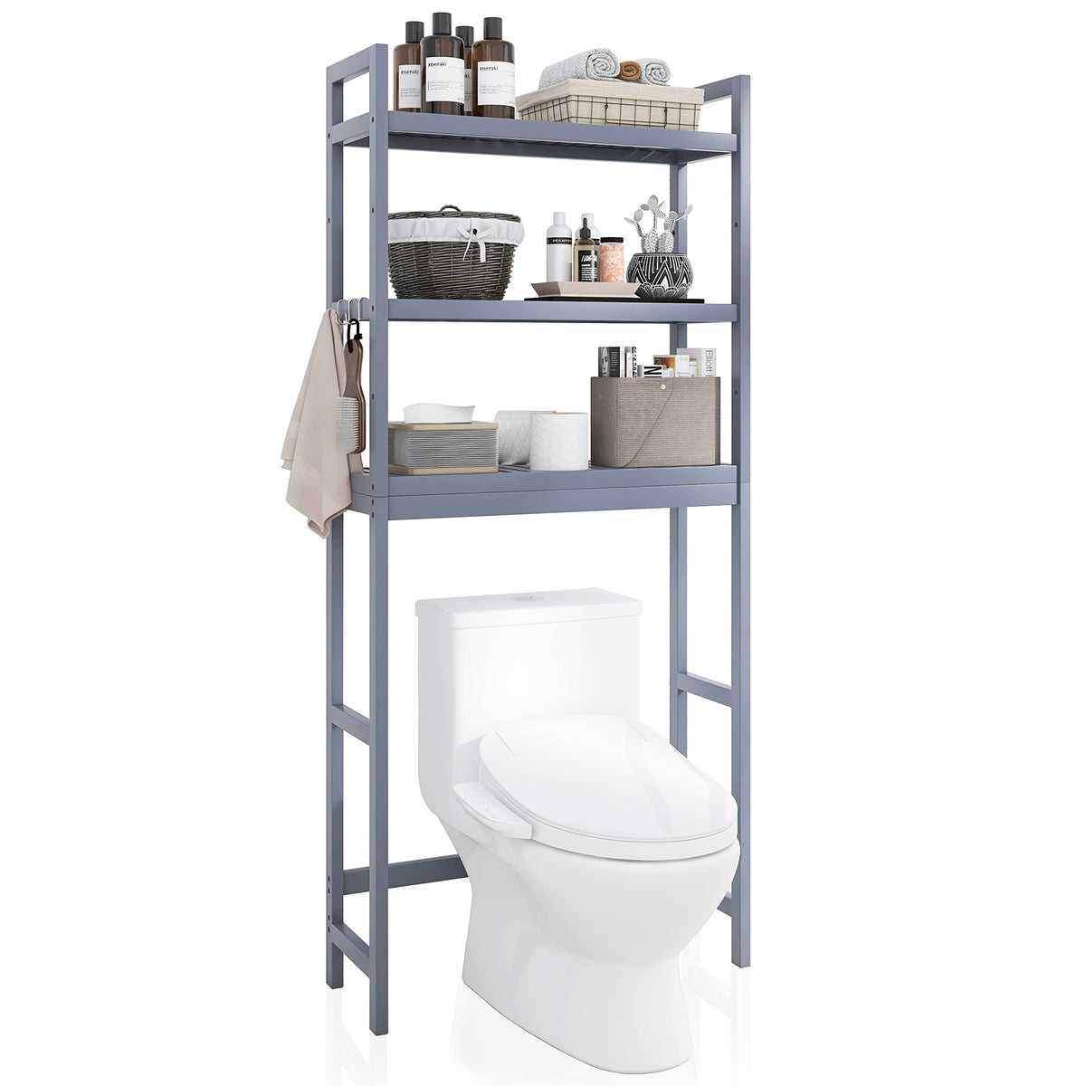 SMIBUY Bathroom Storage Shelf, Bamboo Over-The-Toilet Organizer Rack, Freestanding Toilet Space Saver with 3-Tier Adjustable Shelves (Grey)