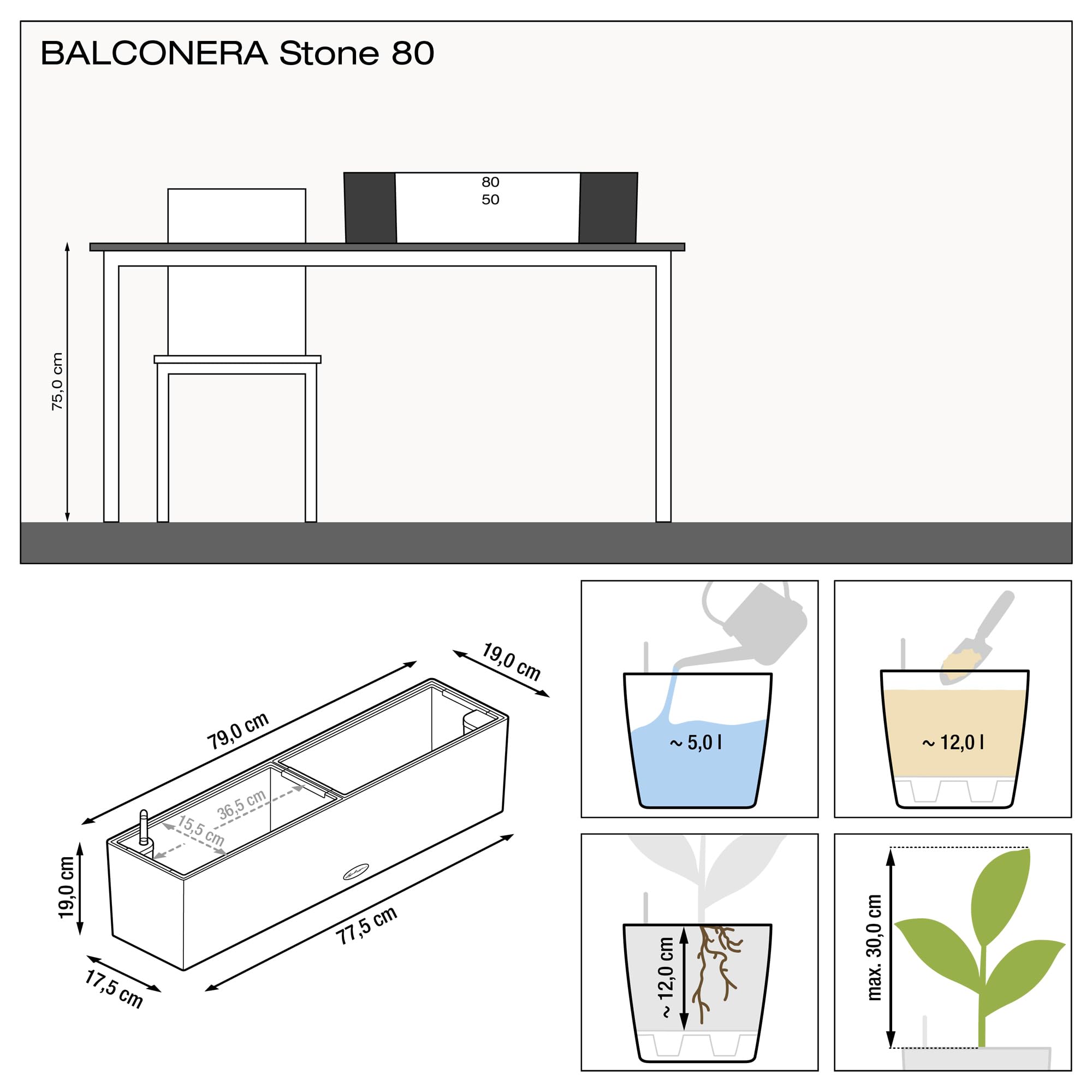 Lechuza BALCONERA Stone 80 Self Watering Planter Plastic Indoor/Outdoor Flower Plant Pot Table and Window Box with Drainage Hole H19 L79 W19 cm Sand