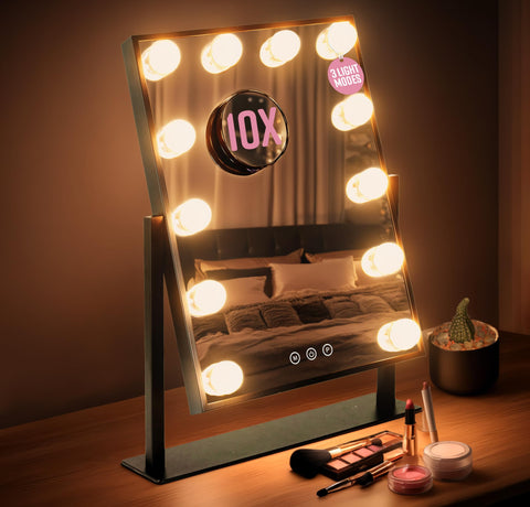 GloBrite Hollywood Mirror with 12 LED Bulbs - 3 Colour Light Modes & Adjustable Brightness, Touch Screen, 360 Rotation, Light Up Mirror, No Assembly
