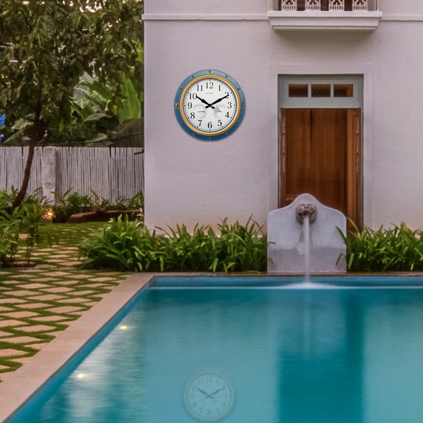 OCEST 16 Inch Garden Clocks Outdoor Waterproof, Large Thermometer, Hygrometer, Retro Design, Non-Ticking Battery Operated for Home Decor Patio (Blue)