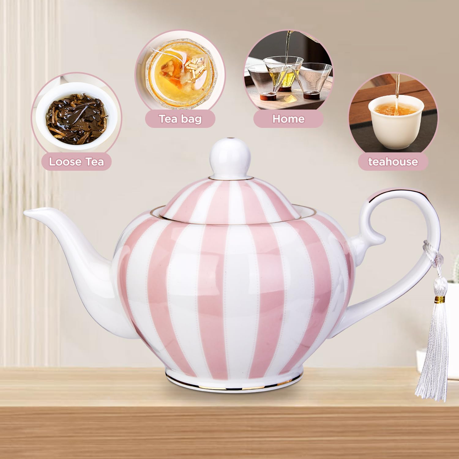 London Boutique teapot with Infuser - Tea Pot infusers for Loose Tea -700ml Capacity Perfect 2 Cup teapot -Easy Grab Handle Teapots (Pink Strips)