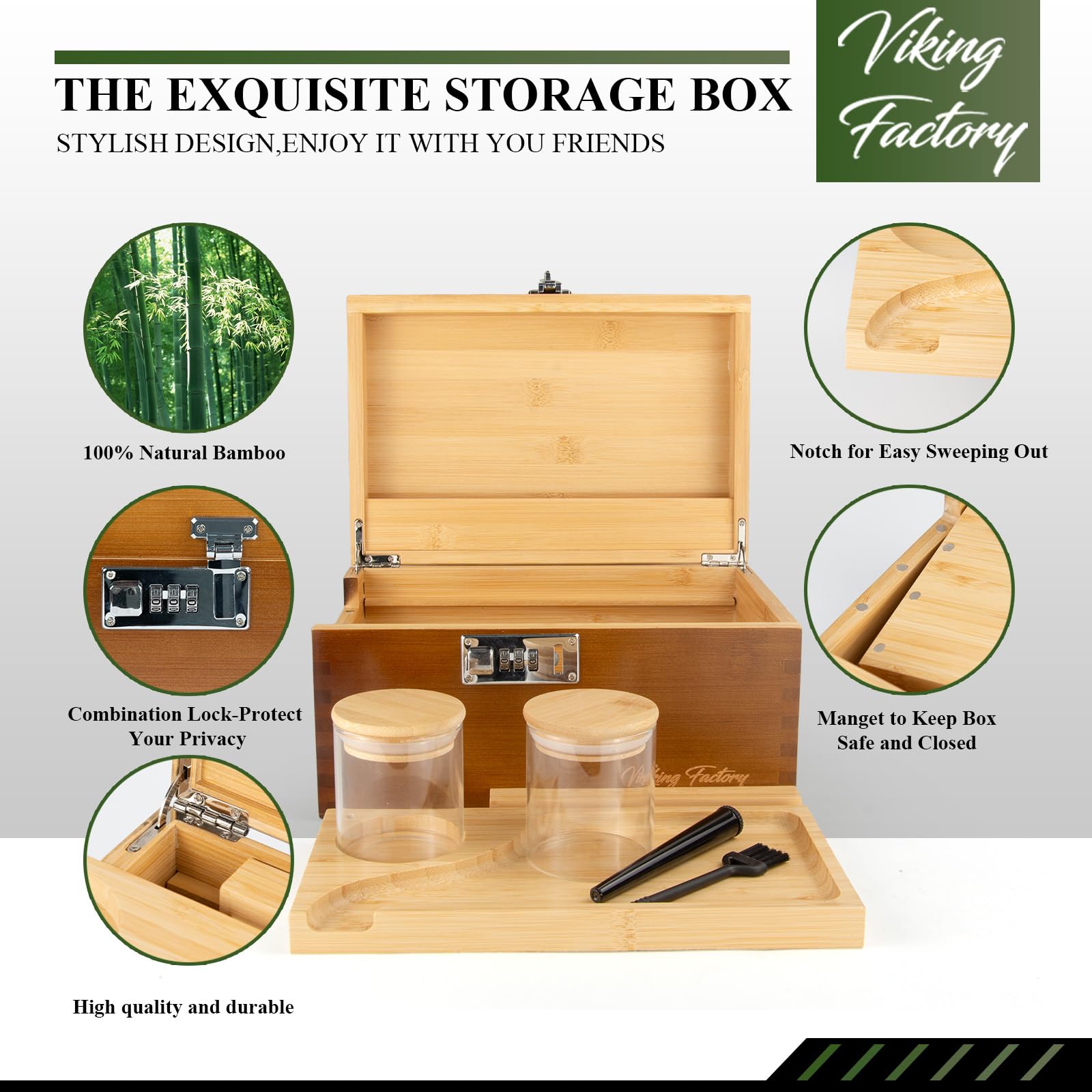 Large Bamboo Combo Lock Storage Box | Eco-Friendly Removable Trays & Accessories | Multifunctional Organiser for Jewellery, Bathroom, Office |