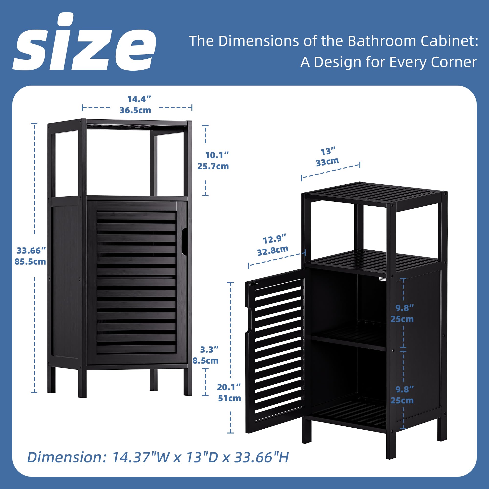 HITNET Bamboo Floor Cabinet, Small Bathroom Cabinet Floor Standing, 4 Tier Narrow Side Storage Cabinet, Space Saving Kitchen Cupboard with Single
