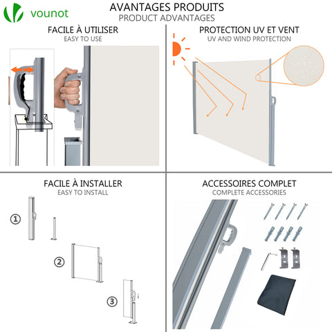 VOUNOT? Side Awning Retractable, Outdoor Privacy Screen for Garden, Balcony, Terrace, 180 x 300 cm, Beige