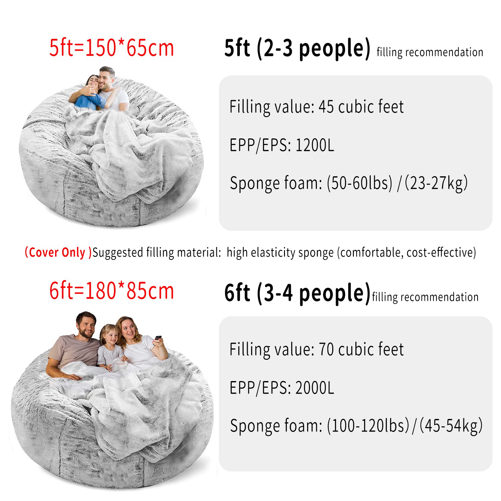 YudouTech Bean Bag Chair Cover Without Filler,Big Round Soft Fluffy PV Velvet Washable Bean Bag Lazy Sofa Bed Cover for Adults,Living Room Bedroom