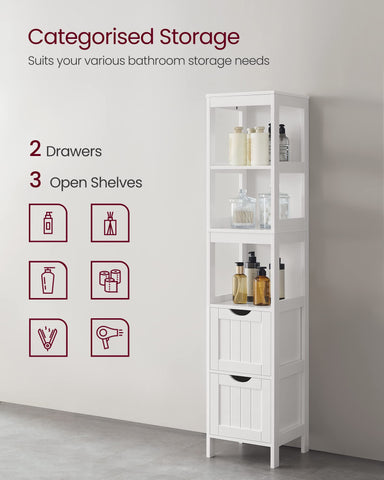 VASAGLE Bathroom Floor Cabinet, Freestanding Bathroom Storage Unit, with 2 Drawers, 3 Open Compartments, for Bathroom, Living Room, Kitchen, Modern