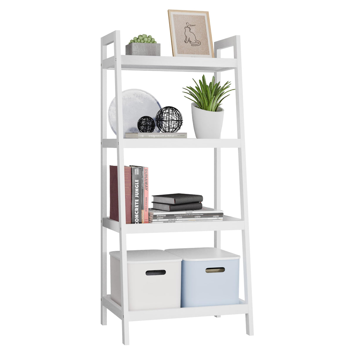 SMIBUY Ladder Shelf, 4 Tier Bamboo Bookshelf, Bathroom Storage Organizer Plant Display Stand, Freestanding Open Shelving Unit with Handles for Home