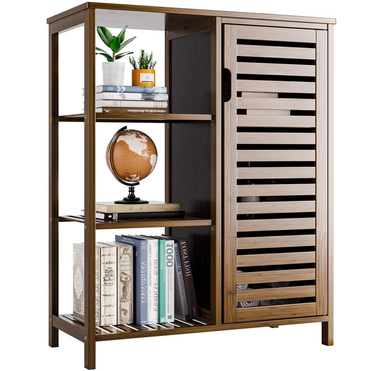 HITNET Walnut Bathroom Cabinet, Bamboo Floor Standing Side Storage Organizer with Door and 3 Open Shelves, Space Saving Kitchen Living Room Cupboard