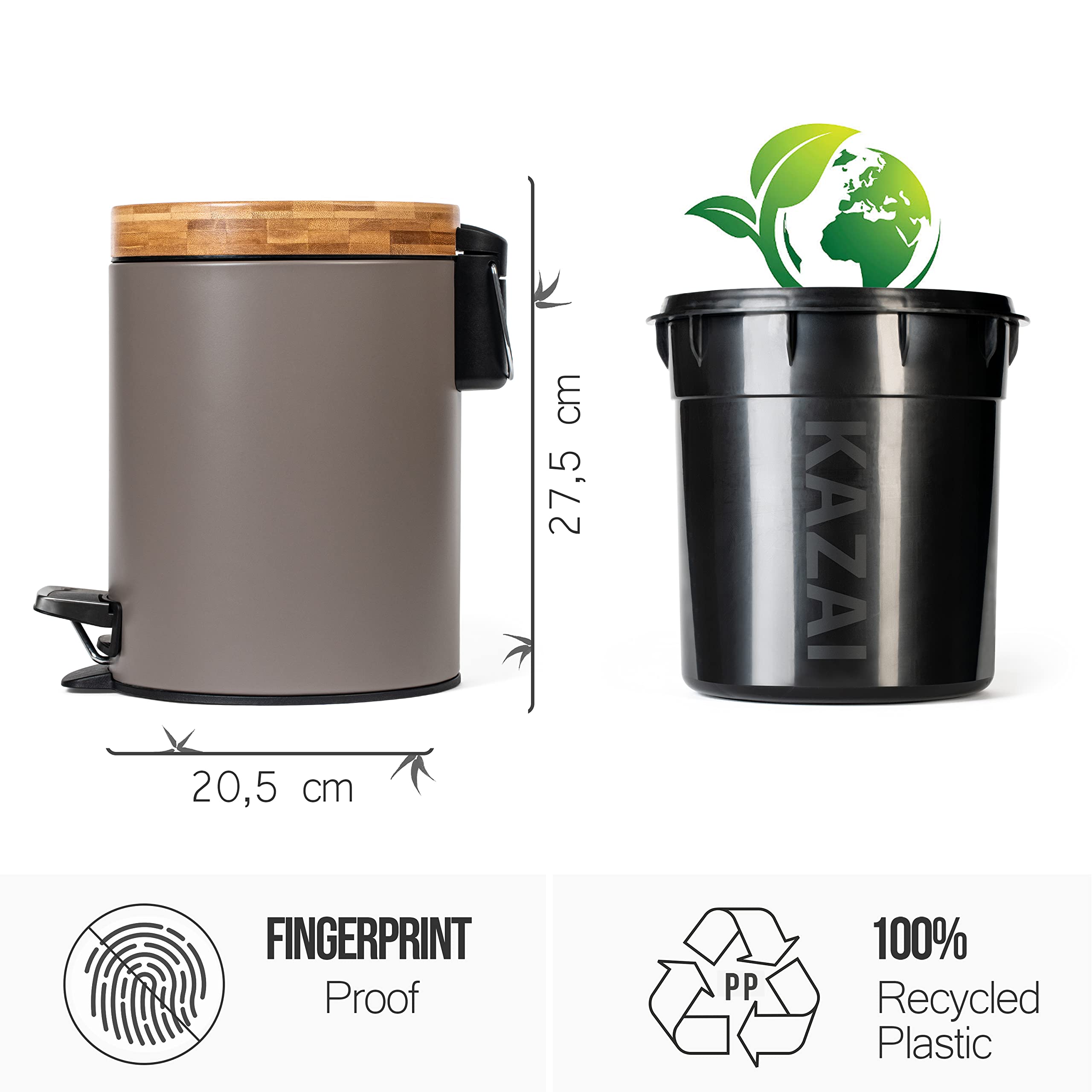 Kazai. 5L Designer Bathroom Bin | Superior Bamboo | Soft Closing | Anti-Finger | Taupe (Dark)